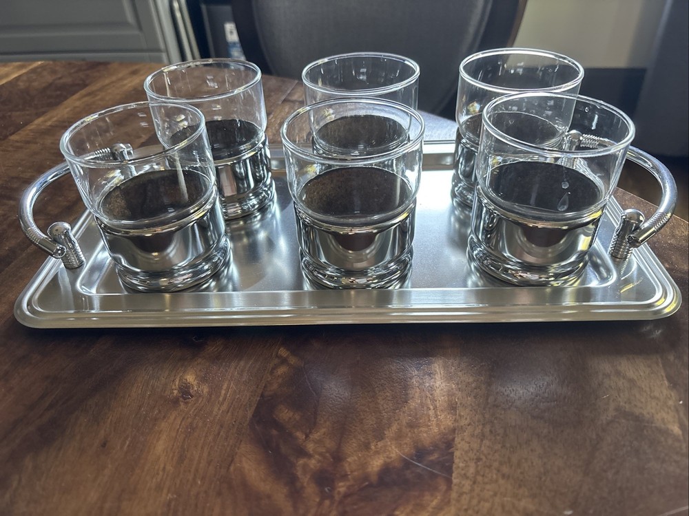 Set of Six Vintage Tumblers With Removable Silver Bottom And Serving Tray