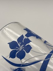 1960s Vintage Blue Floral Printed Glass Tumbler Clear Drinking Cup Kitchen Decor