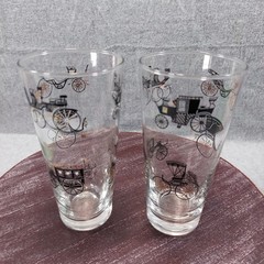 Vintage Clear Glass Tumblers With Black & Gold Carriage Designs Set Of 2 READ