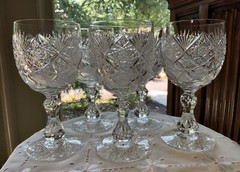 ELMIRA #17 AMERICAN BRILLIANT CUT GLASS WATER WINE GOBLETS (5) C.1903 6 3/4″H