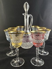 Ebeling and Reuss Hand-Blown German Crystal Decanter Set 8 Colorful Wine Glasses