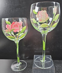 2 Block Vintage Rose Balloon Wine Glasses Mix Set Floral Hand Painted Flower Lot