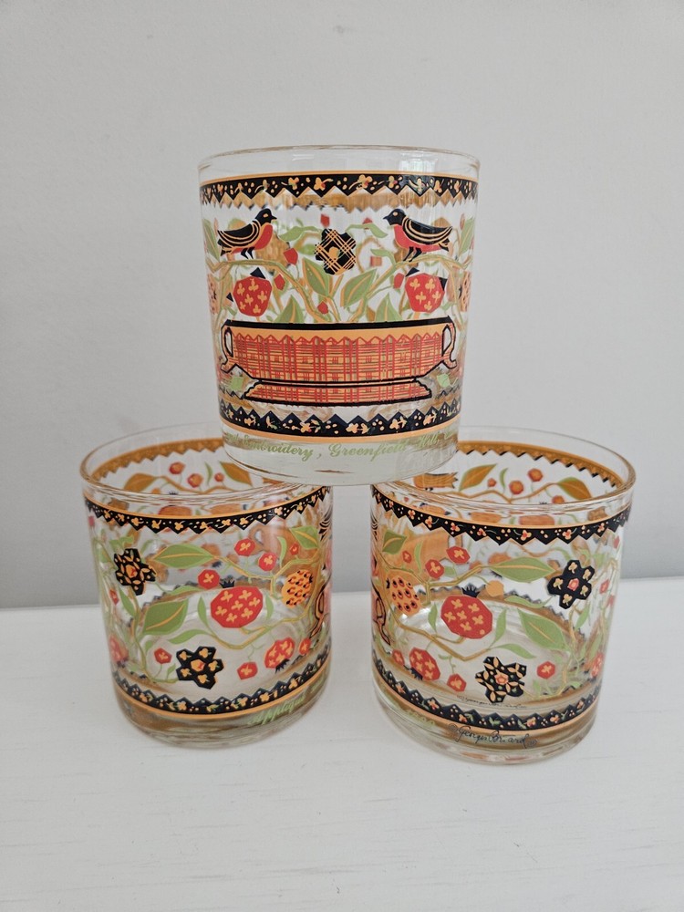 Vintage Set Of 3 Georges Briard Glasses Applique and Embroidery Birds Flowers