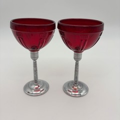Vintage Morgantown Glass Ruby Red Art Deco Cocktail Glasses Chrome Base Set /5