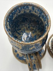 2 Vintage Unique Handmade Blue & Beige Brown Glazed Ceramic Handle Goblets Two