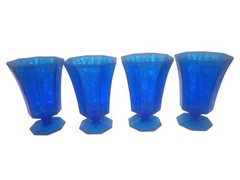 VTG Independence Glassware 6” Cobalt Blue Octagonal Glass Tumblers Lot of 4