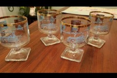 (8) Footed Libbey Southern Comfort Rocks Glasses Vintage Steamboat 22kt Gold