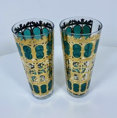 (2) Culver *RARE* Skyball Extra Tall Emerald Scroll Green & Gold Glasses EUC
