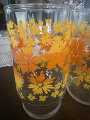 Set Of 3 Vintage MCM Orange Yellow Wildflower Water Glasses Tumblers 5.25”