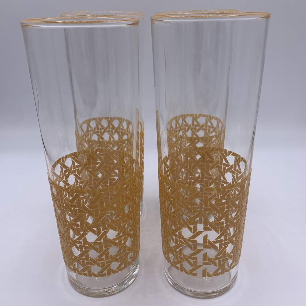4 Libbey Textured Rattan Cane Cooler Highball Collins Glasses 7″