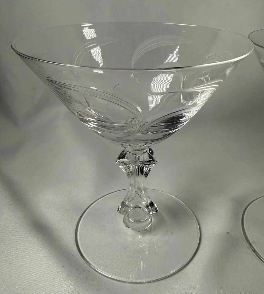 Vintage Pressed Glass Stemware Etched Swirl Sherbet Dessert Sculptural Stem 4.5”