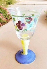 Hand-Painted 90s Wine Goblet Purple Blue Floral Glass Vintage