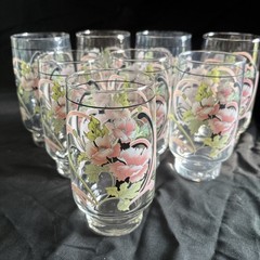 Vintage Sango Jolie Floral Tumbler Glasses Set of 8 Pink Poppy 13oz & 10oz MINT