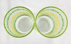 Retro Set of 2 Juice Glass Tumblers Yellow and Green 4″ Floral Scrolls Leaves