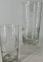 Vintage 60s Set of 2 OWL Glass TUMBLERS 5.5″ high 12 ounces Frosted Etched Owl
