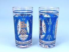Vintage Hazel Atlas Blue & Gold Barware Set of 7 Highball Glasses and Ice Server