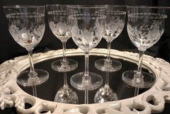 5 Vintage «Bachelor’s Buttons» Fine Floral Cut Crystal Wine Goblets Glasses SET
