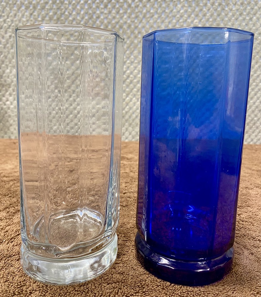 Vintage Anchor Hocking Faceted Octagon Glass Tumblers, 1 Clear, 1 Kobalt Blue