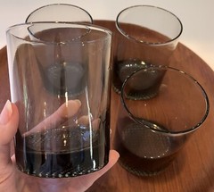 Vintage Mid Century Smoke Glass Double Old Fashioned Tumblers Leather Holders