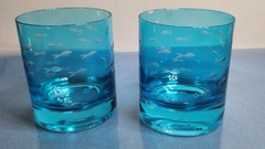 2 Blue Glass Tumbler with Etched Fish Design