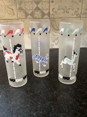 Vintage MCM c.1950 s Libbey Frosted Glass Circus Animals Carousel 3Tumblers