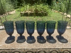 Vintage Set Of 6 Libbey Duratuff Dusky Blue Ice Tea Wine Glasses Goblets