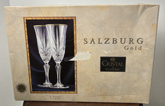 4 Salzburg Cristal De Flandre Champagne 24% Crystal Gold Flutes IOB France Vtg
