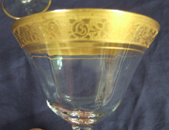 Vintage Tiffin-Franciscan Rambler Rose Clear Champagne/Tall Sherbert Gold Trim