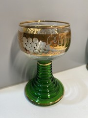 6-VTG Roemer German Wine Glasses Beehive Stem Green/Gold Gilded Etched Frankfurt