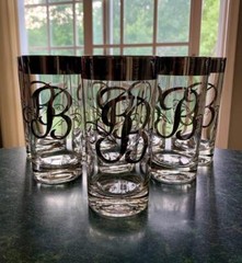 (8) VTG GLASTONBURY LOTUS MONOGRAM PLATINUM INITIAL «B»~COOLER~HIGHBALL~EXC