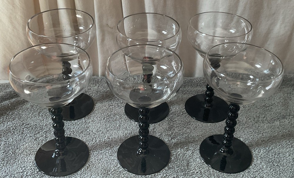 Vintage Six Candlewick Glasses With Ebony Stems 6” Excellent Condition