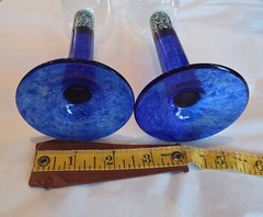 Hand-blown Glass Champagne Flutes, Set of two Blue, Green & White swirled Stems