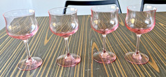 Rare Set of 4 Pink Depression Tiffin Tulip Wine Goblet Stemware Glasses