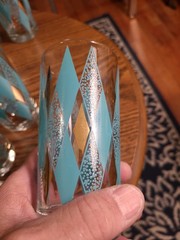 Vintage Hazel Atlas Teal Diamond Harlequin Glasses Set of 8 Caddy Plus 2 Spares