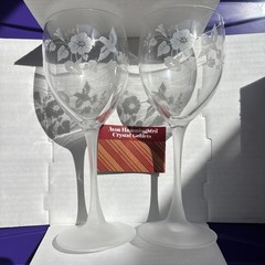 Vtg Water Wine Goblet Hummingbird by AVON Lead Crystal Frosted Stem Base Set of2