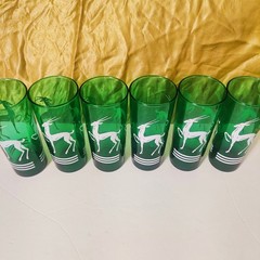 Hazel Atlas Green Gazelle Collins Glasses Set of 7 Vintage MCM Highball Barware