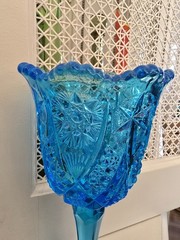 Vintage Kemple Glass Chalice Un Aqua – Hobstar Pattern 9.5″