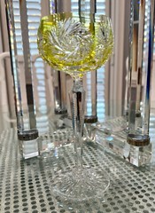 BOHEMIAN LIME PERIDOT CASED CUT CLEAR CRYSTAL 8″ WINE GOBLET STORE CLOSING