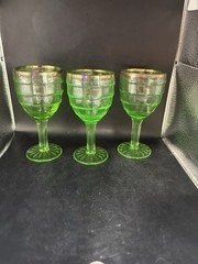 Anchor Hocking Glass Block Optic Green Small Goblet GOLD TRIM Set Of 3 Glows