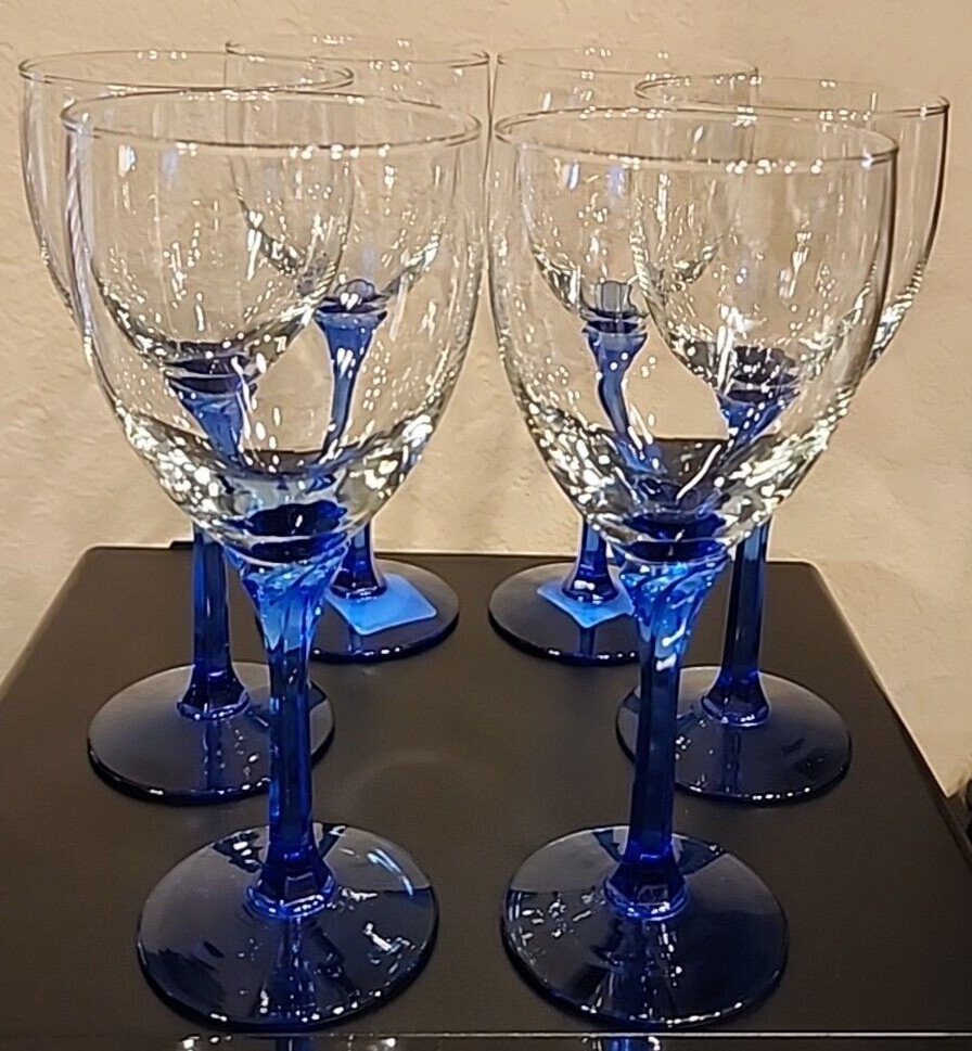 LIBBEY DOMAINE BLUE PETAL FACETED STEM 10oz WATER GOBLETS 8″ SET OF 6~EUC