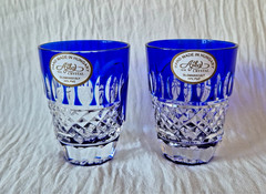 AJKA CHRISTMAS COBALT BLUE LEAD CRYSTAL VODKA SHOT GLASS, SET OF 2, MARKED