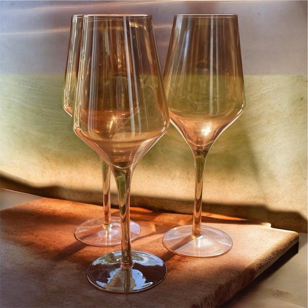 Vintage Estelle Wine Glasses Large Peach Amber Luster Stemmed Set Of3