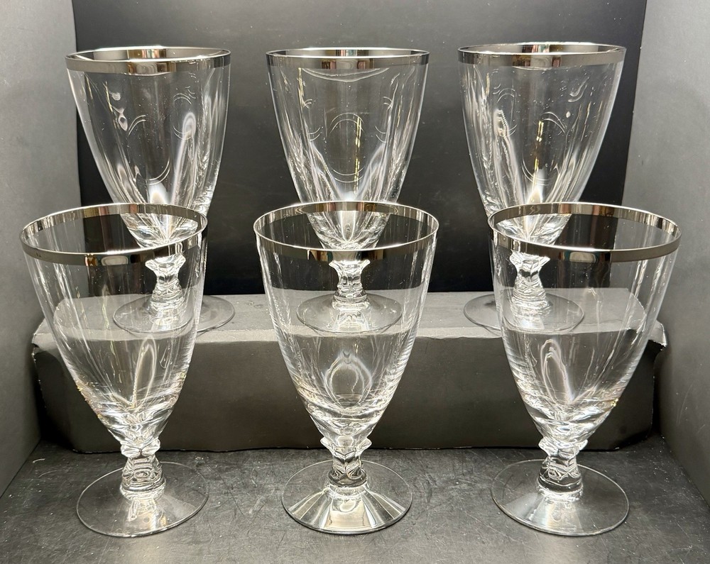 Set of 6 Fostoria Wedding Ring Iced Tea Glasses Platinum Trim 6 1/8”