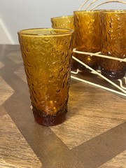 VTG MCM Amber Textured Glasses Tumblers 12 oz set of 8 w/ Caddy RARE FIND