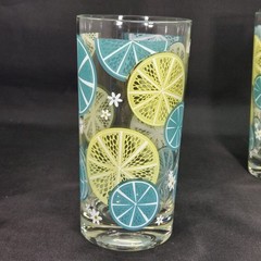 3 Vintage Mid Century Mod Yellow Blue White Flower 5.75″ Lemonade Glasses