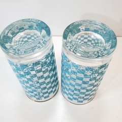 Vtg MCM Turquoise Checkered Spaghetti String Tumblers 12oz Tall Drinking Glasses