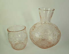 Vintage Pale Pink Depression Glass Floral Tumble Up Bedside Water Carafe & Cup