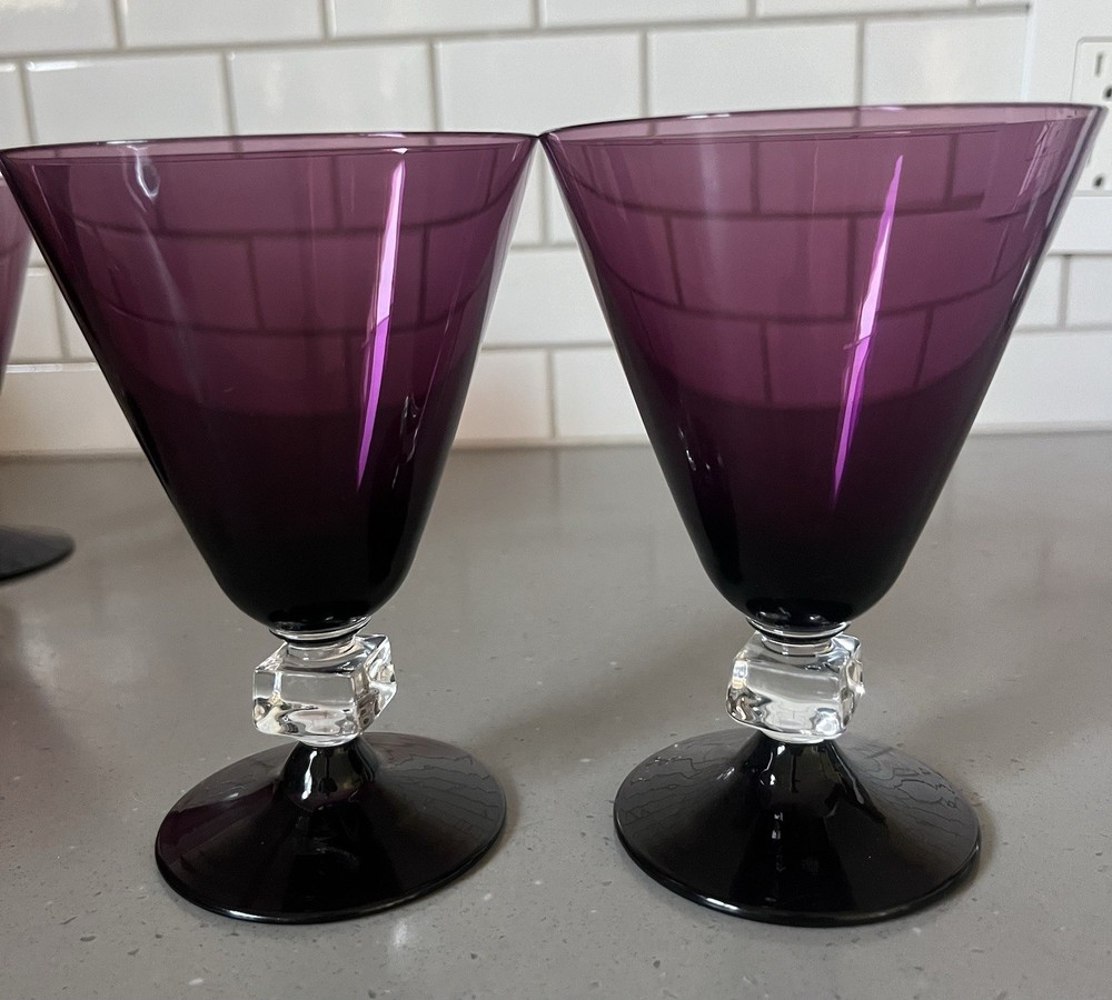 2 Bryce Purple Amethyst 5 3/8″ Crystal Water Goblets Wilmington Cube Stem Glass