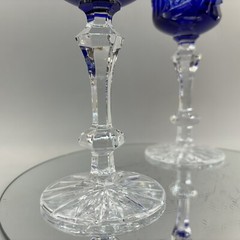 Bohemian Czech Pair Of Elegant Cobalt Blue￼ Cut To Clear 8” Hock Wine Glasses