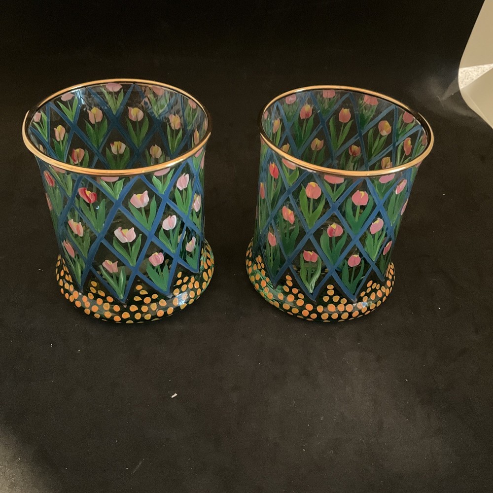 2- Mackenzie Childs Circus Old Fashioned Glasses Tulip Lattice / Trellis
